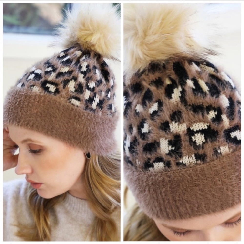 Mocha brown soft leopard faux fur pom beanie